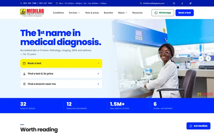 Medilab Diagnostics website, home page